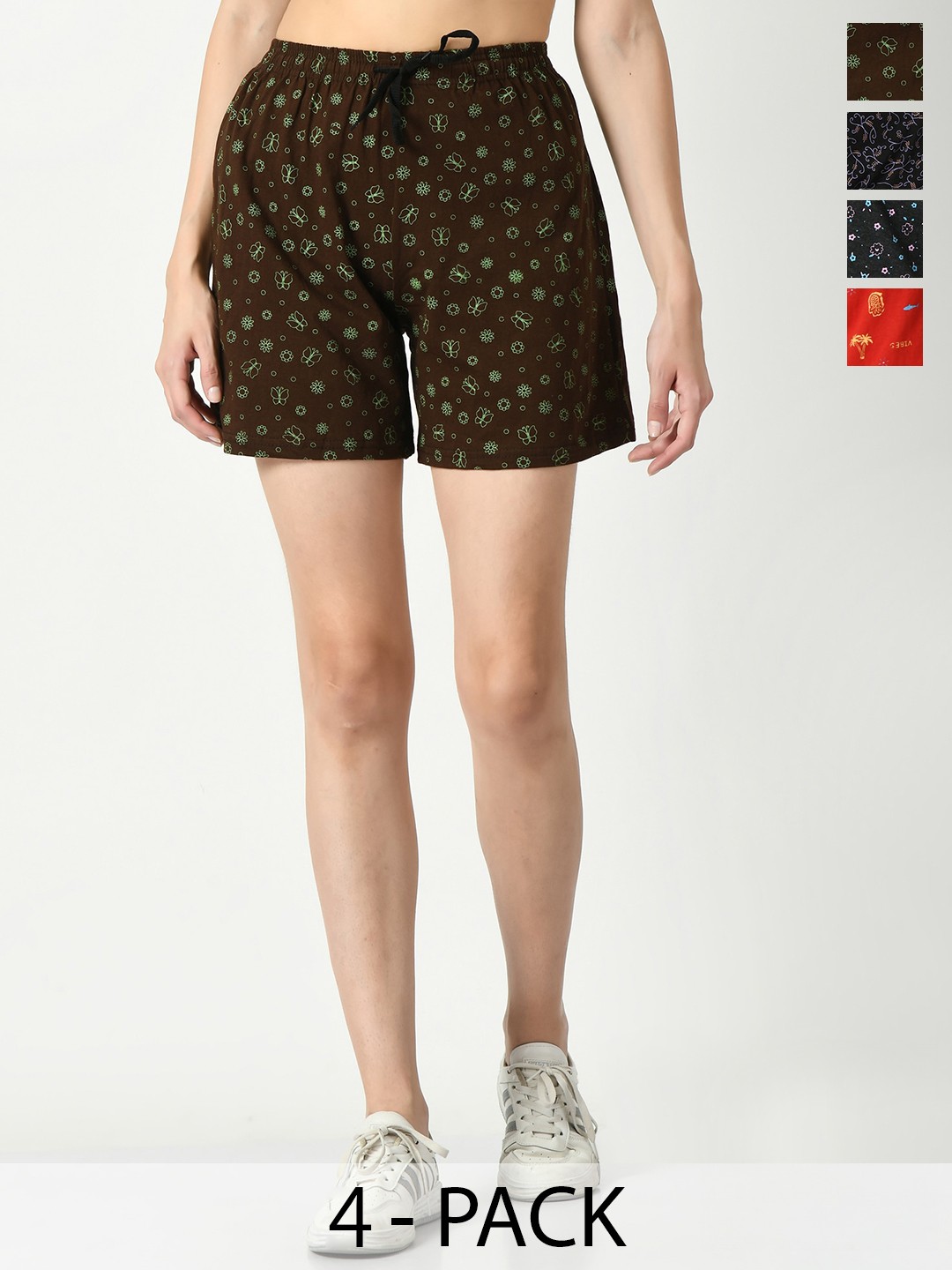 

IndiWeaves Women Pack Of 4 High-Rise Floral Printed Pure Cotton Shorts, Brown
