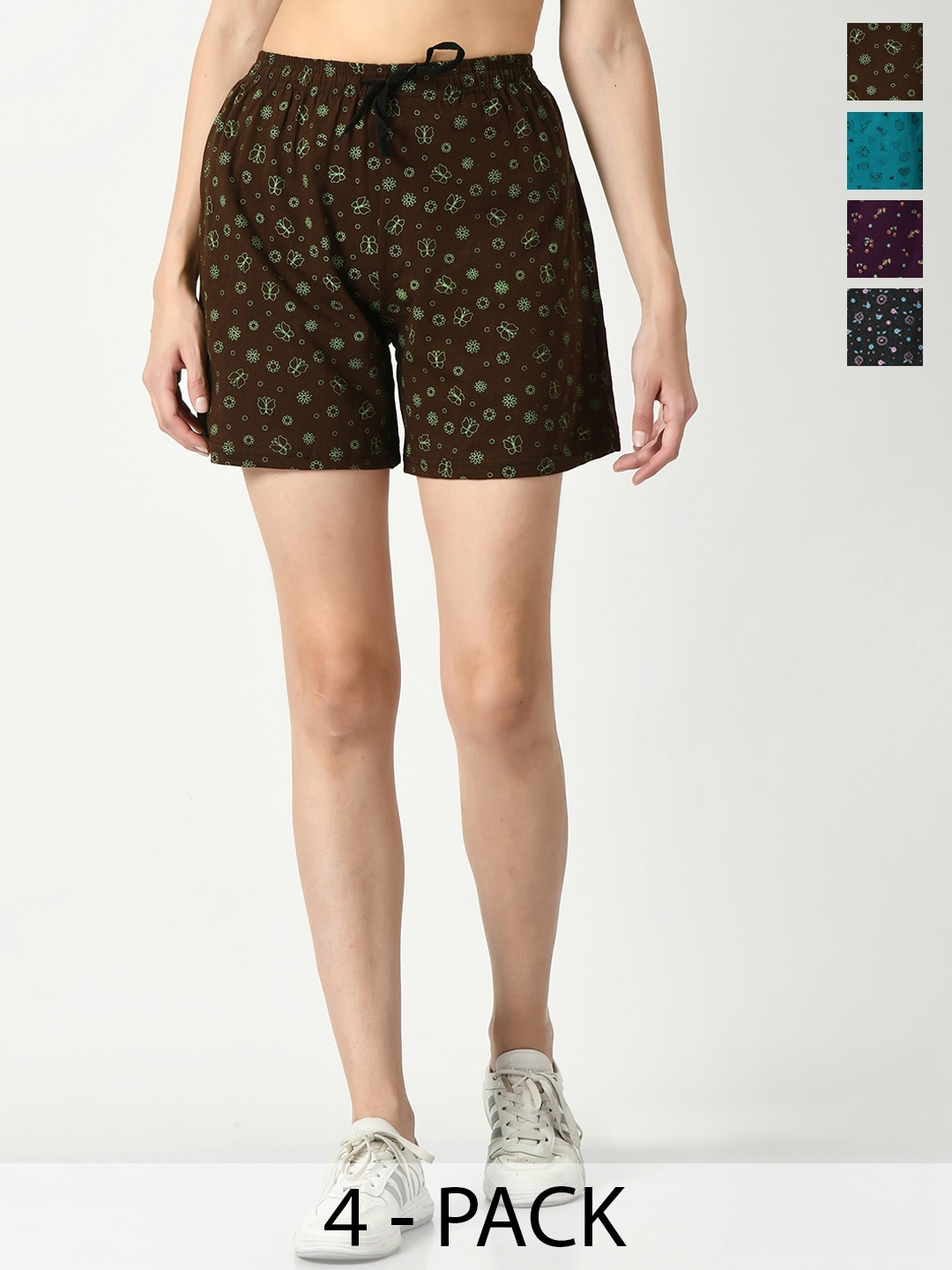 

IndiWeaves Women Pack Of 4 Printed High-Rise Pure Cotton Regular Shorts, Brown