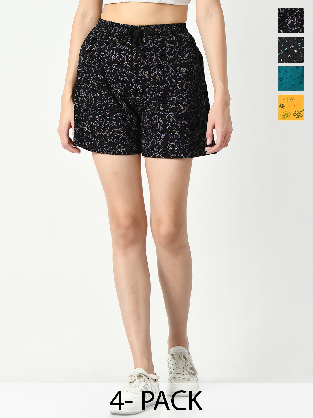 

IndiWeaves Women Pack Of 4 Printed Regular Fit Cotton Shorts, Black