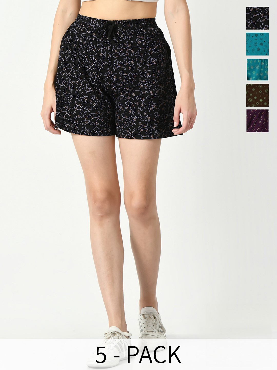 

IndiWeaves Women Pack Of 5 Printed High-Rise Shorts, Black