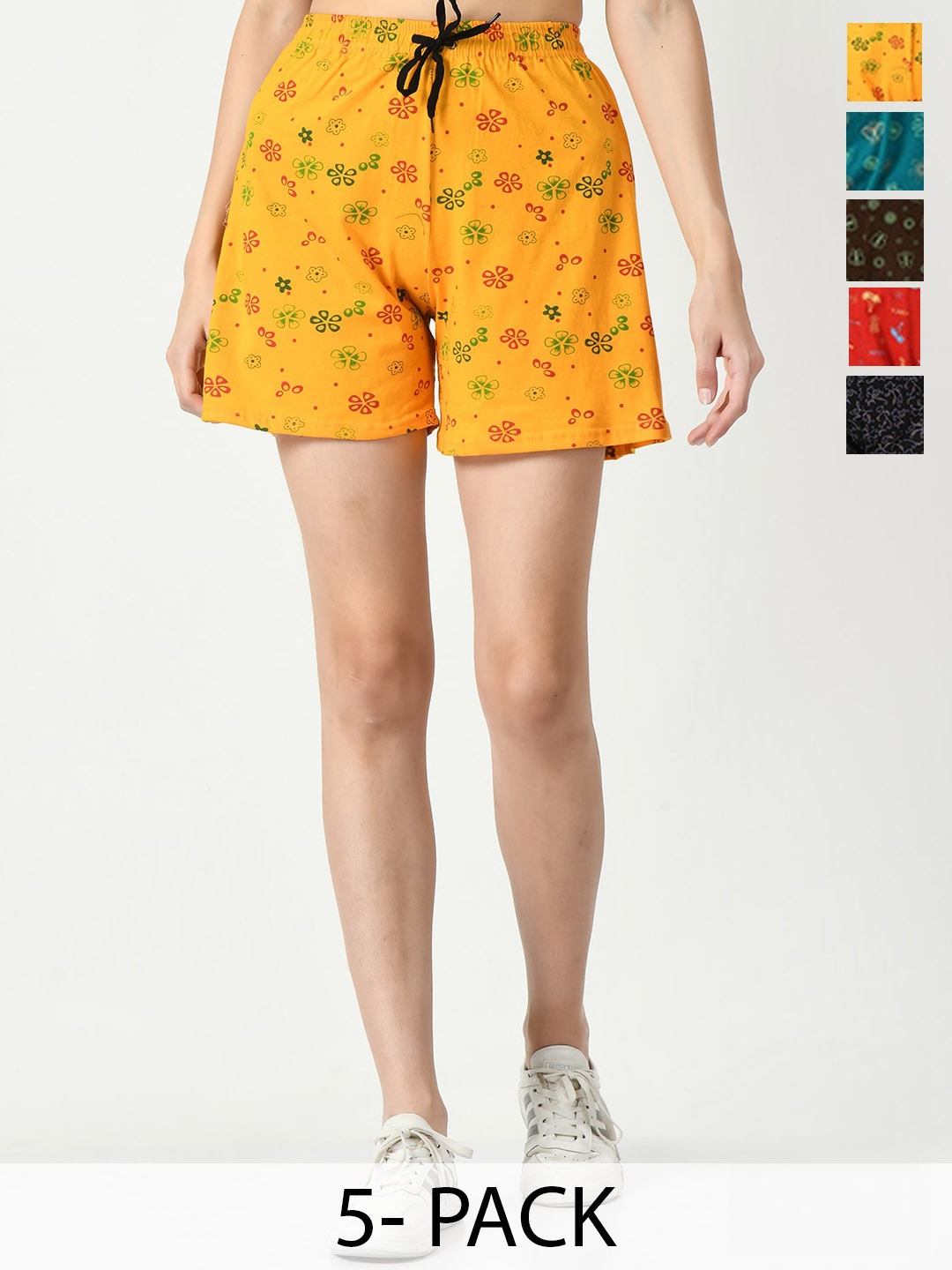 

IndiWeaves Women Pack Of 5 Printed High-Rise Cotton Shorts, Yellow