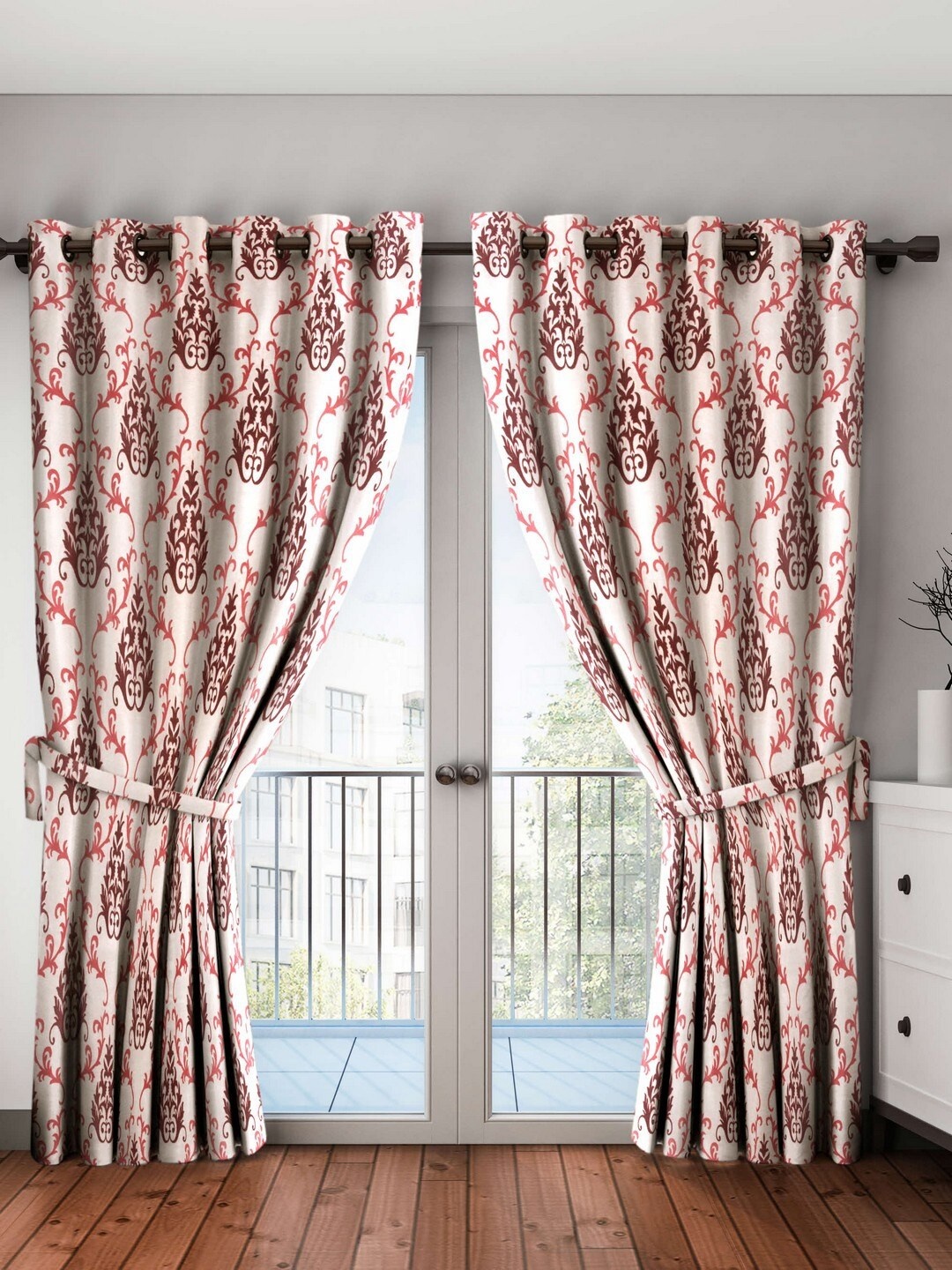 Cortina Set of 2 Damask Printed Door Curtains, Beige