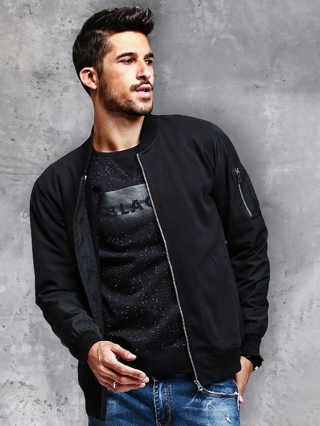 

fanideaz Mock Collar Bomber Jacket, Black