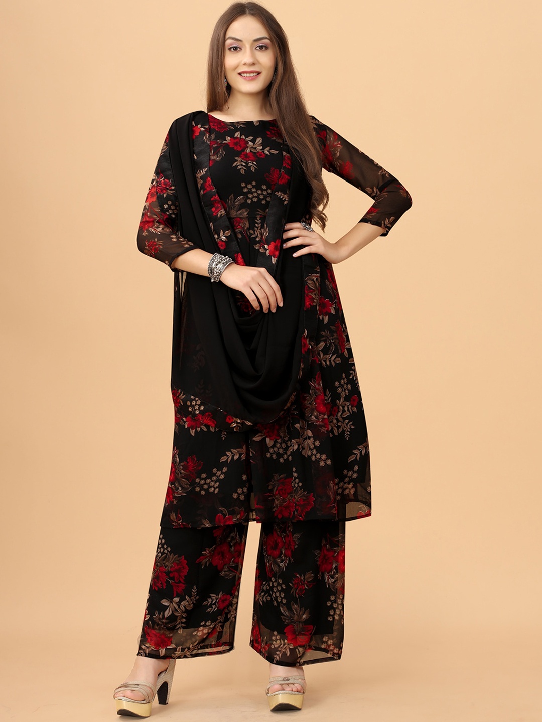 

KALINI Floral Printed Regular Kurta with Palazzos & Dupatta, Black