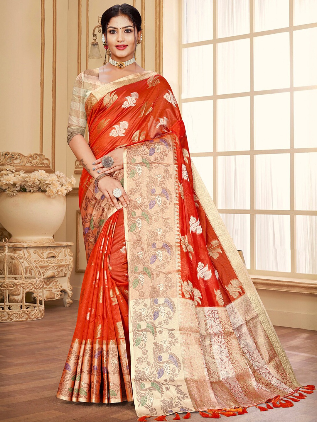 

Pisara Woven Design Zari Organza Saree, Orange