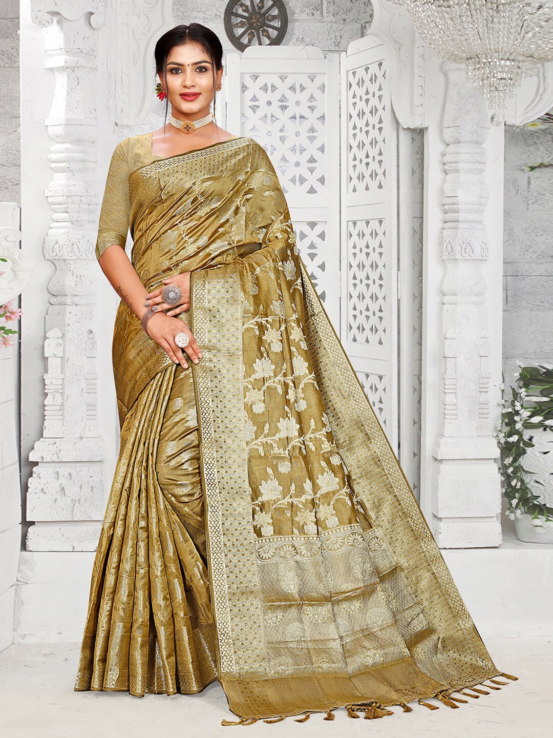 

Pisara Ethnic Motifs Woven Design Zari Organza Saree, Mustard