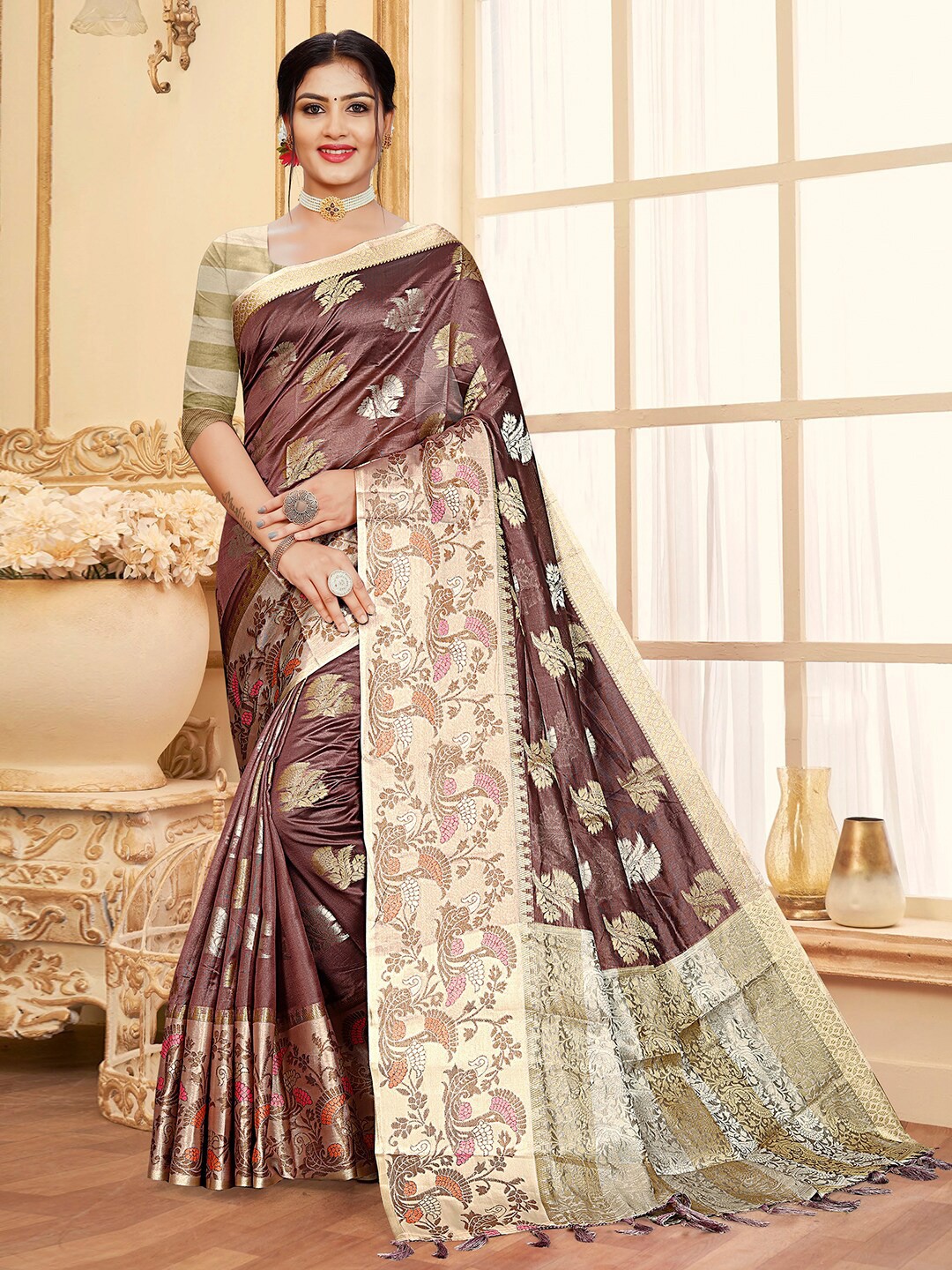 

Pisara Ethnic Motifs Woven Design Zari Organza Saree, Coffee brown