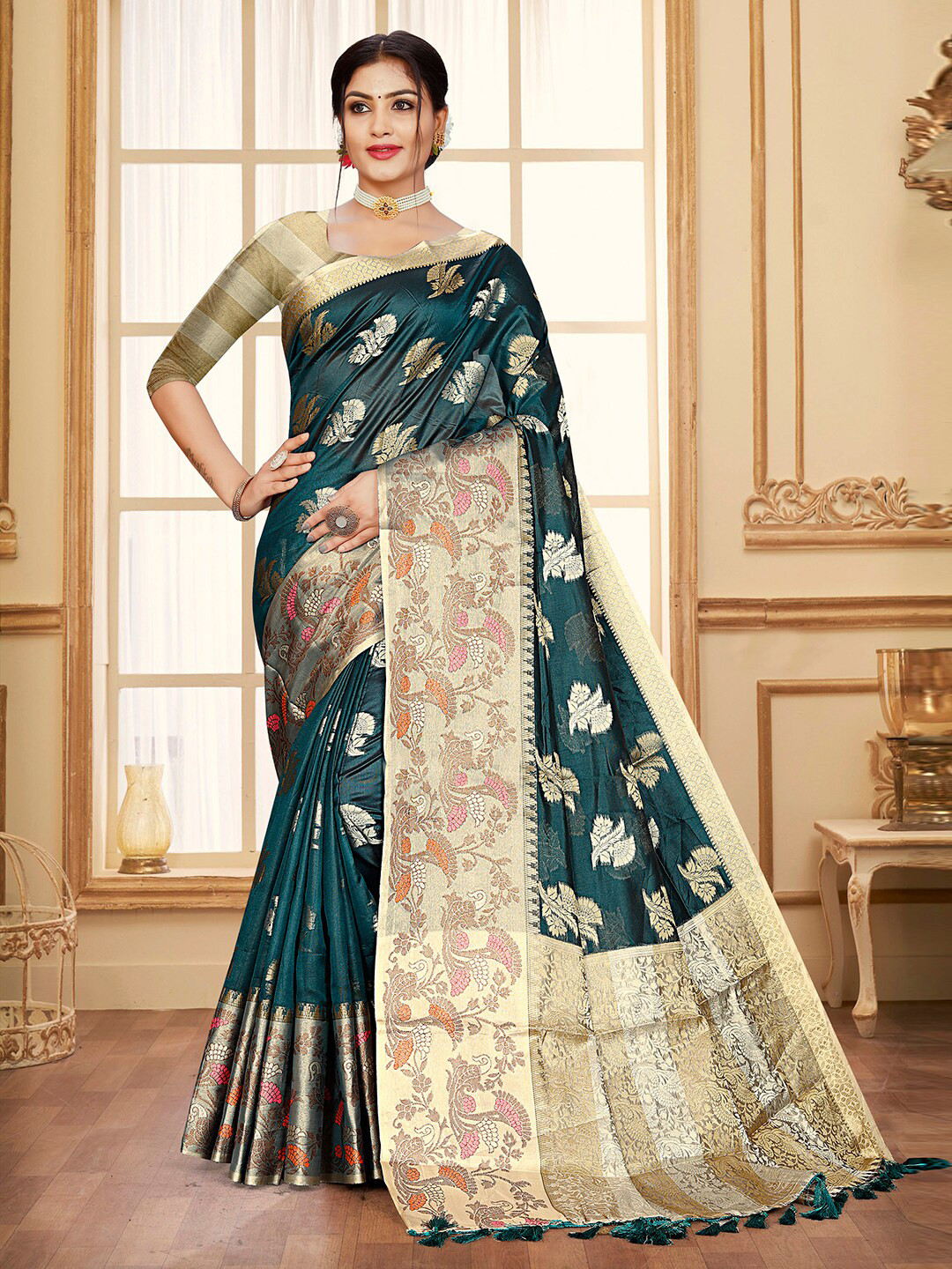

Pisara Ethnic Motifs Woven Design Zari Organza Saree, Teal