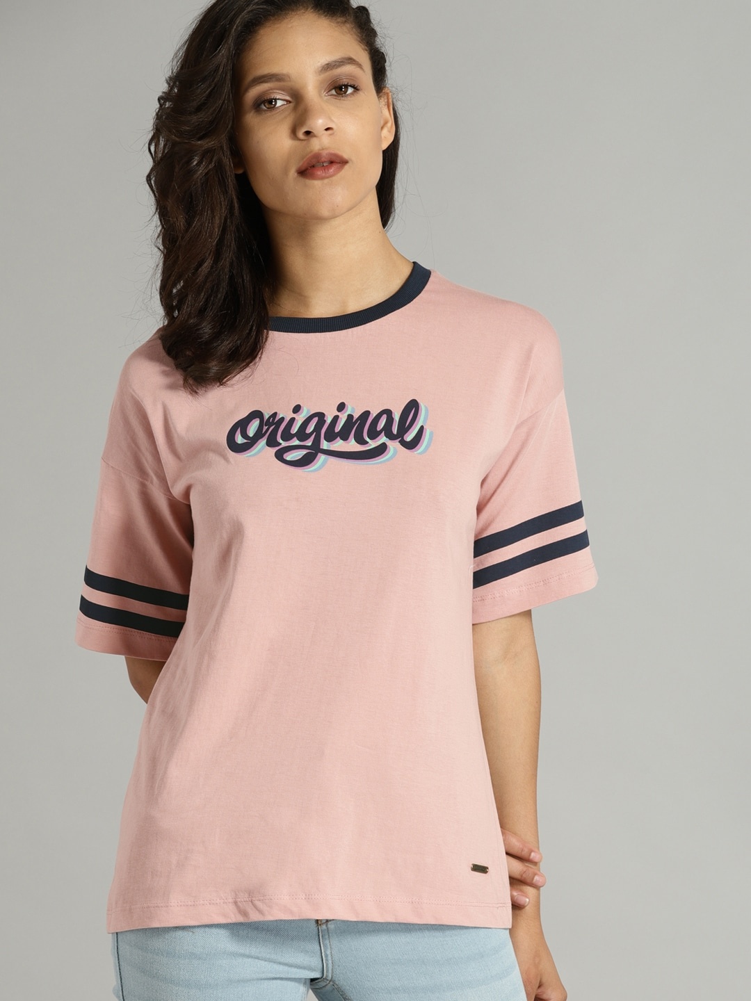 

Roadster Time Travlr Women Pink Printed Round Neck Pure Cotton T-shirt