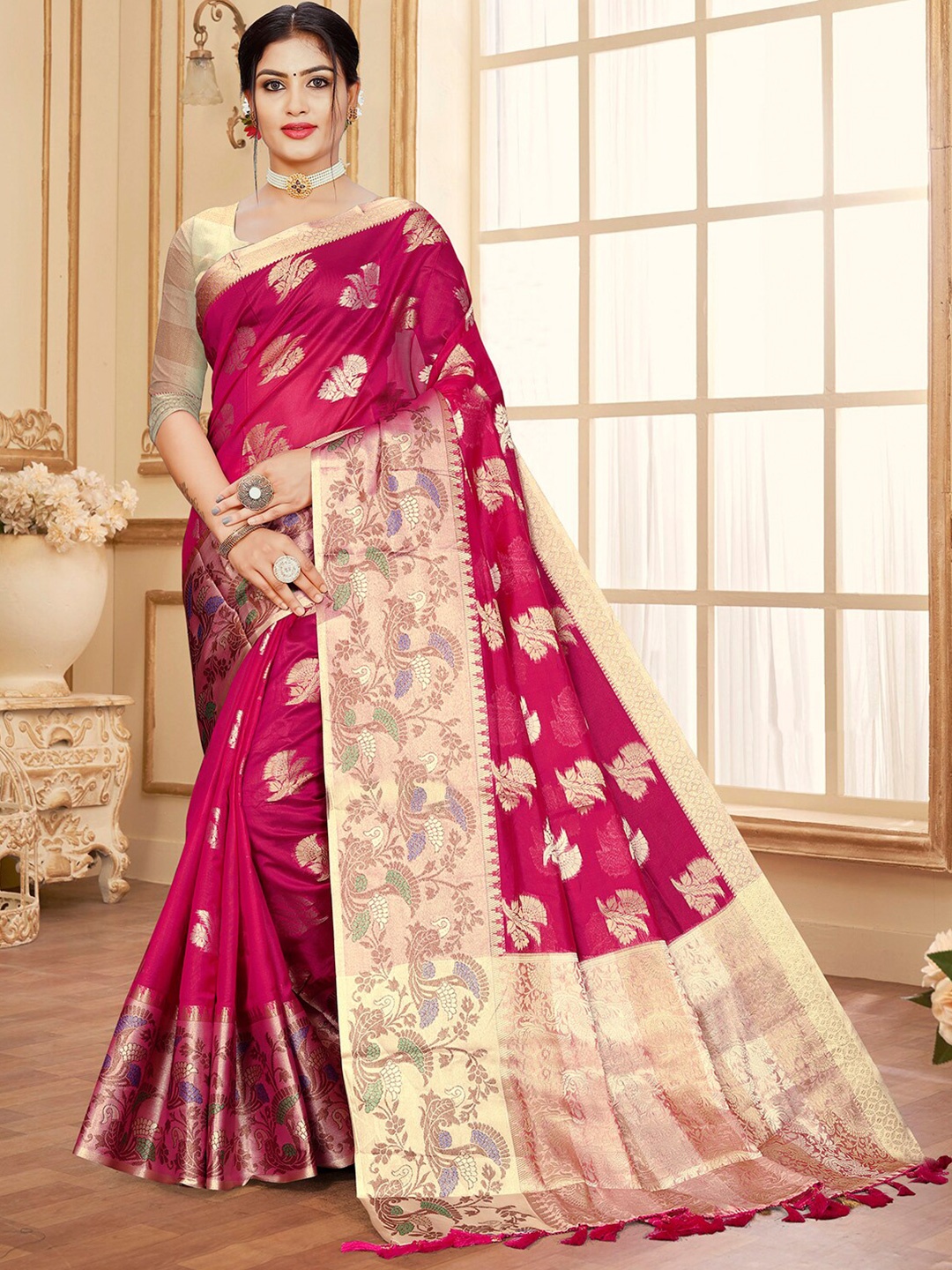 

Pisara Ethnic Motifs Woven Design Zari Organza Saree, Pink