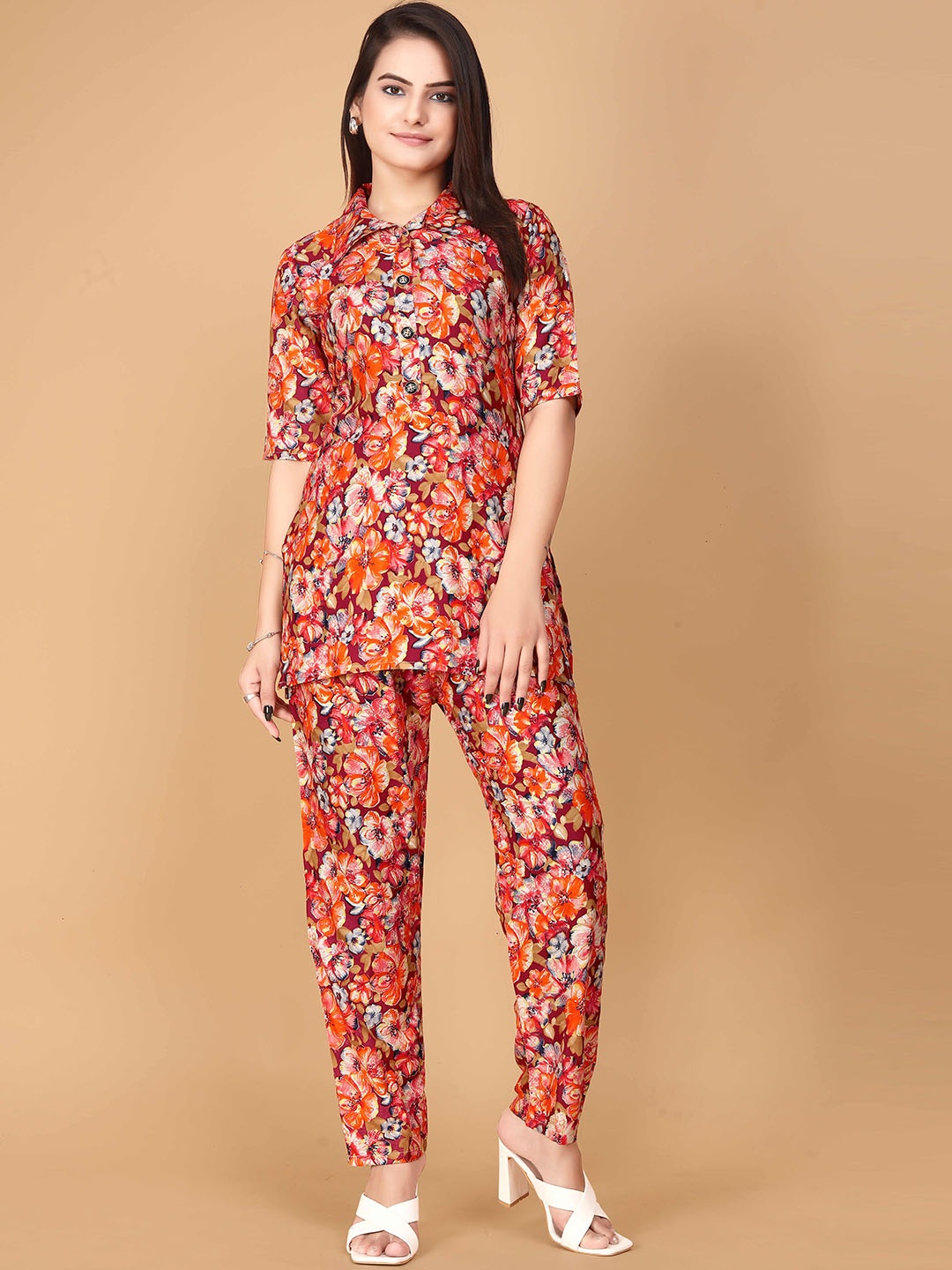 

SIDYAL Floral Printed Shirt Collar Tunic With Trousers, Orange