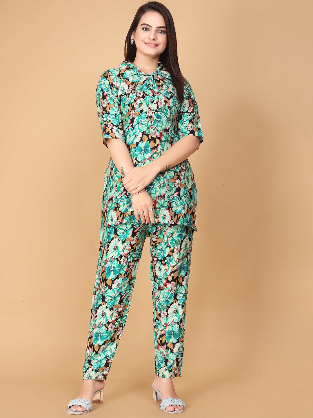 

SIDYAL Floral Printed Shirt With Trousers Co-Ords, Sea green