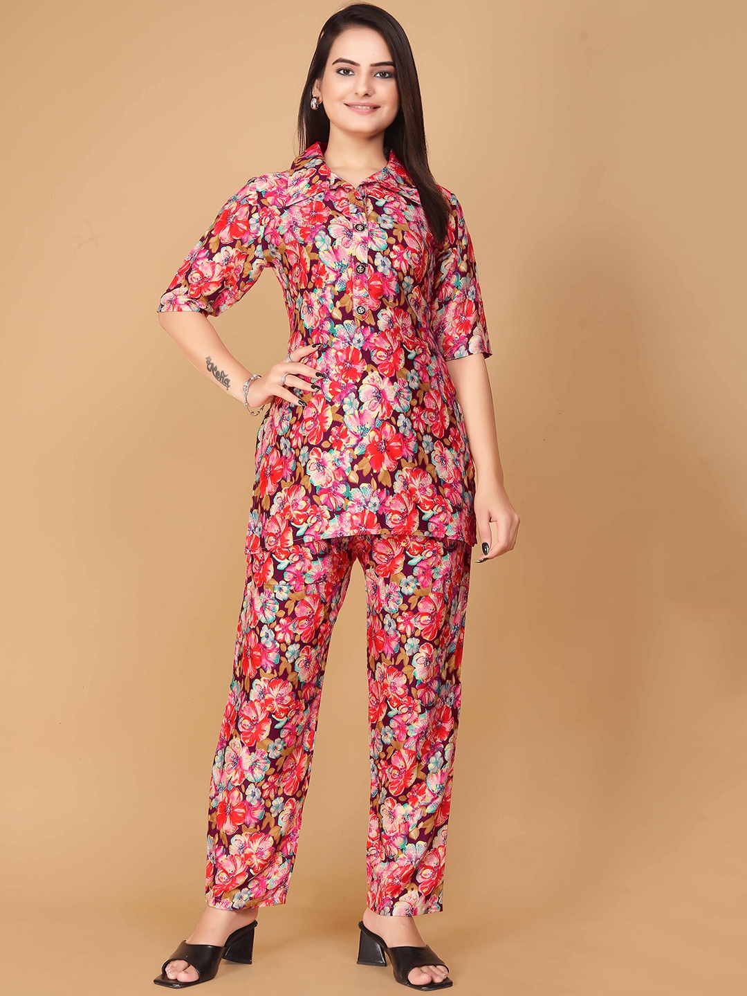 

SIDYA Floral Printed Shirt Collar Tunic With Trousers, Pink