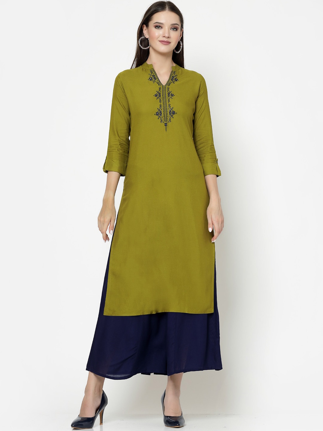 

KALINI Floral Yoke Design Regular Straight Kurta with Palazzos, Green