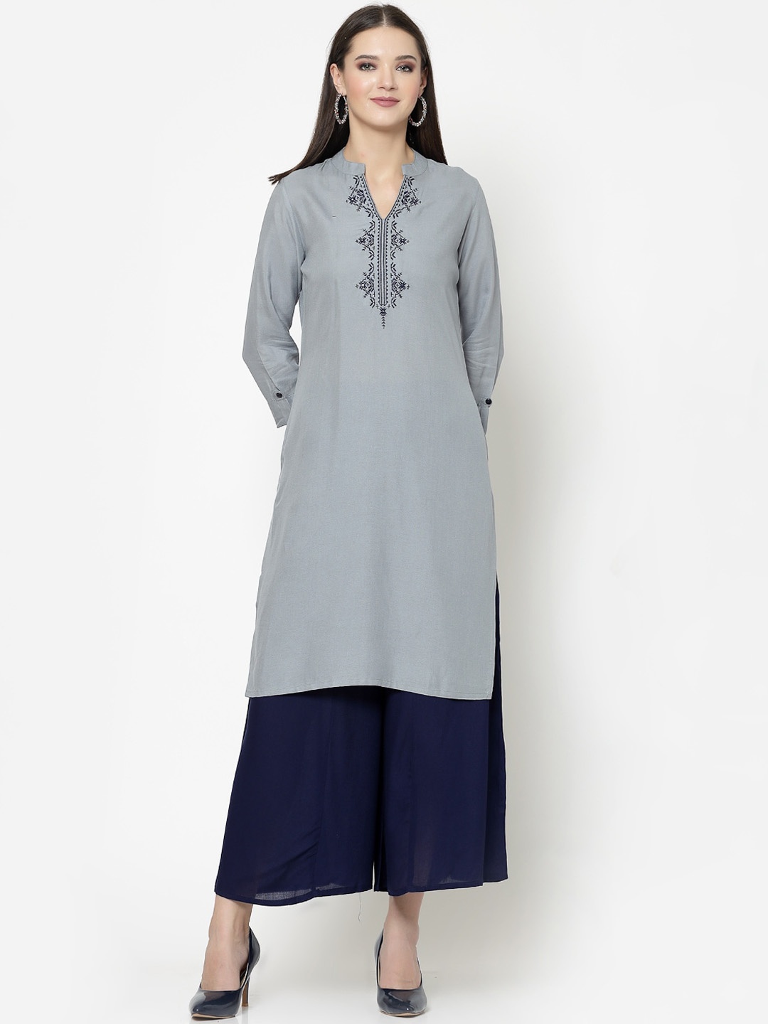 

KALINI Ethnic Motifs Embroidered Kurta with Palazzos, Grey