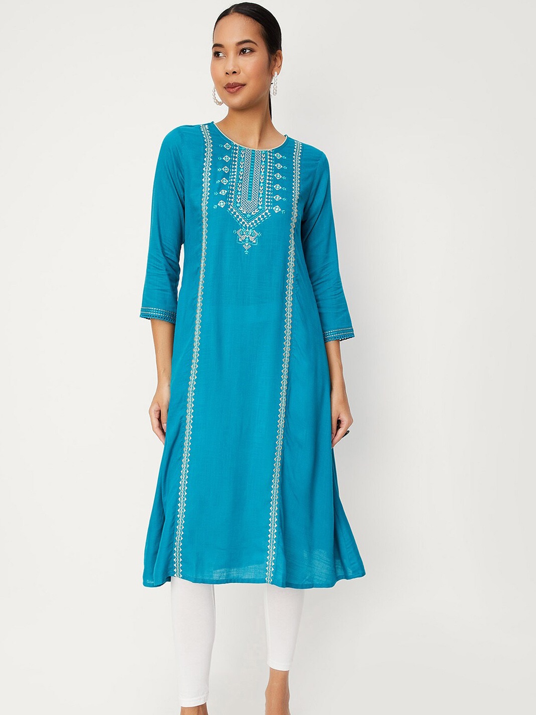 

max Geometric Embroidered Thread Work Straight Kurta, Blue