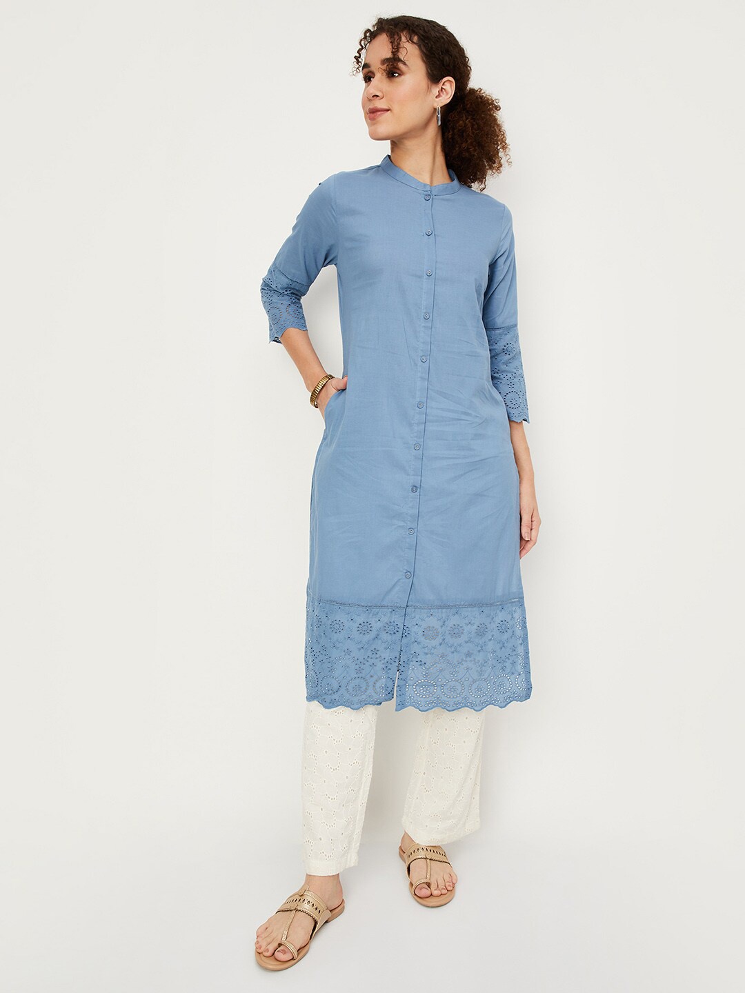 

max Mandarin Collar A-Line Cotton Kurta, Blue