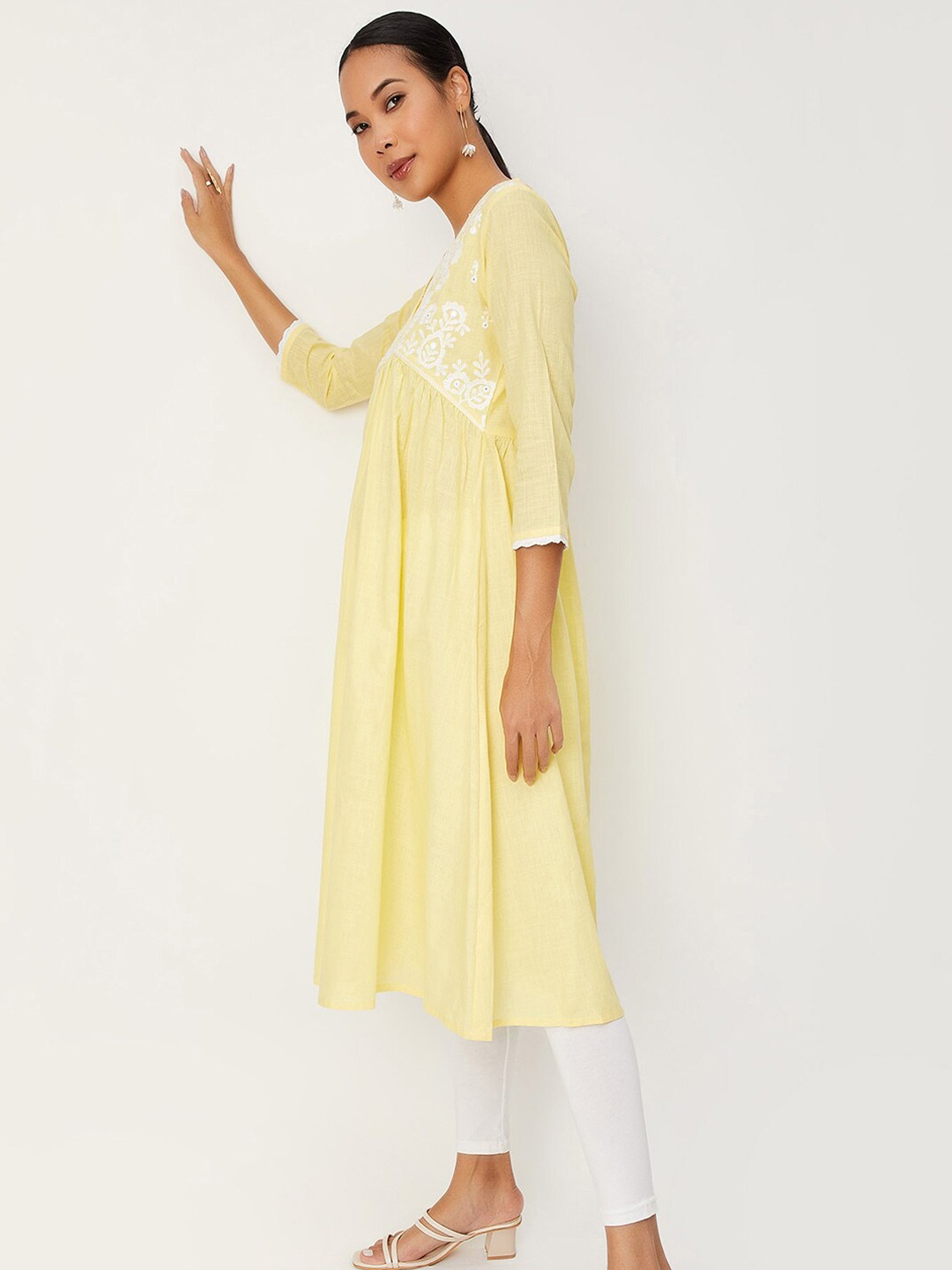 

max Floral Embroidered Chikankari Anarkali Kurta, Yellow