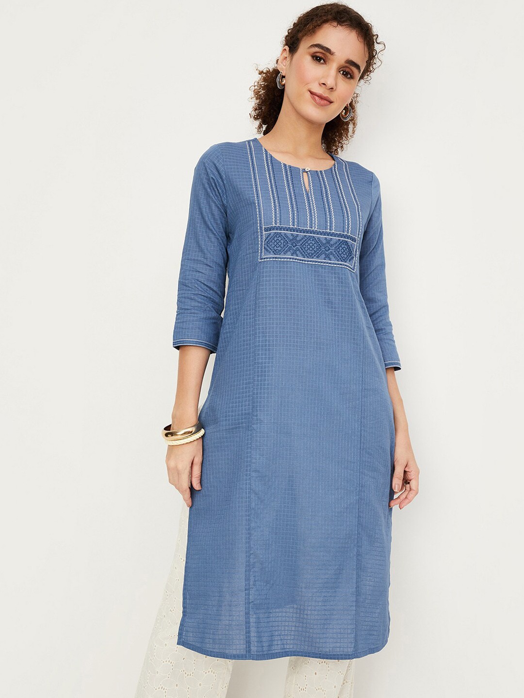 

max Checked Thread Work Cotton Kurta, Blue