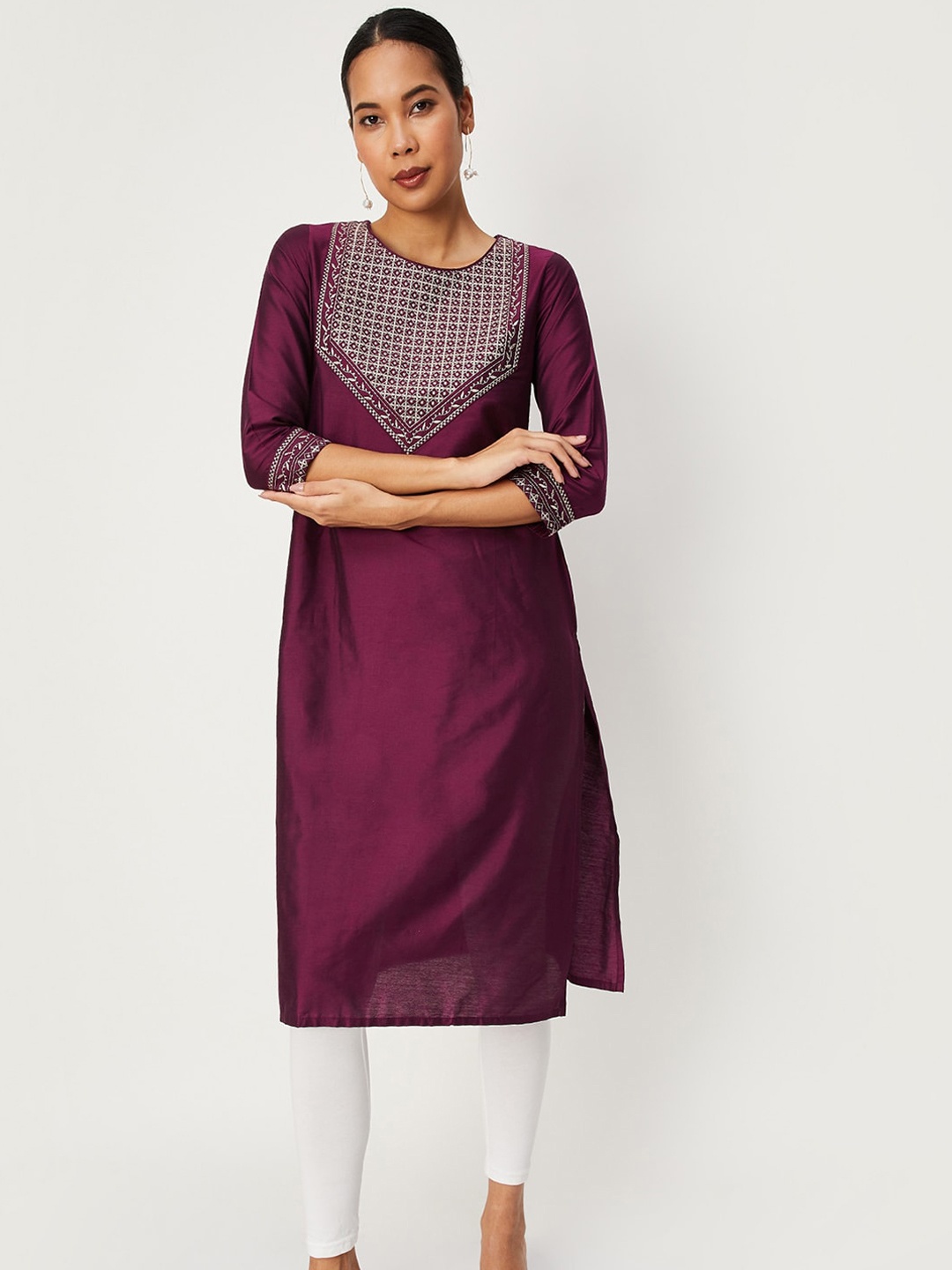 

max Yoke Design Embroidered A-line Kurta, Purple