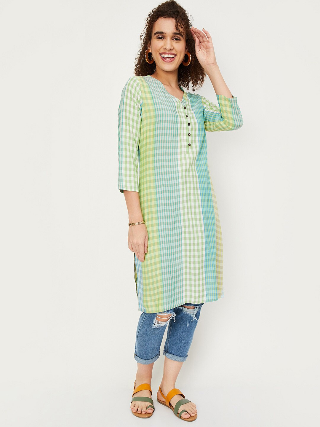 

max Checked V-Neck Cotton Kurta, Green