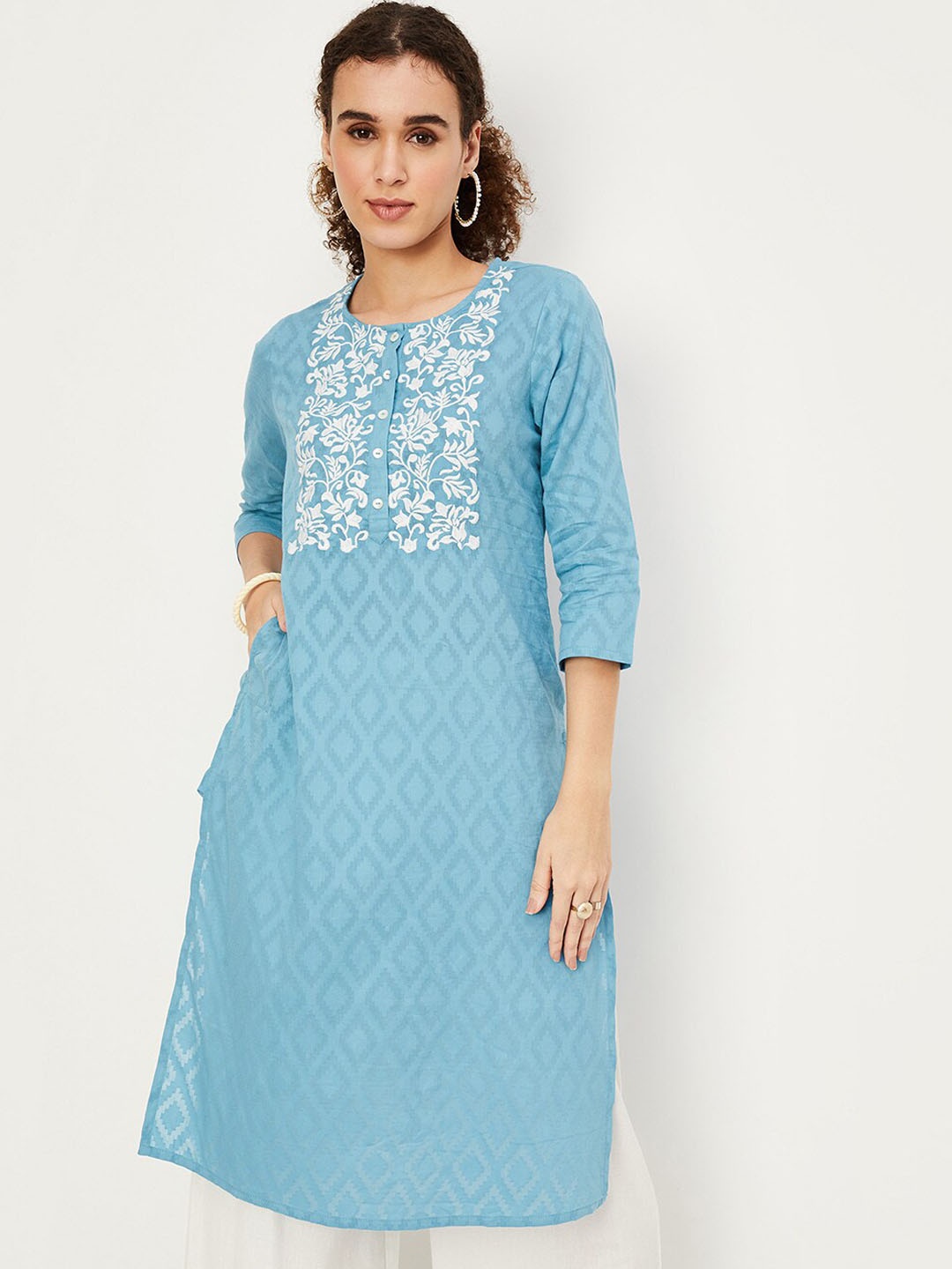 

max Floral Yoke Designed Round Neck Jacquard Weave Cotton Kurta, Blue