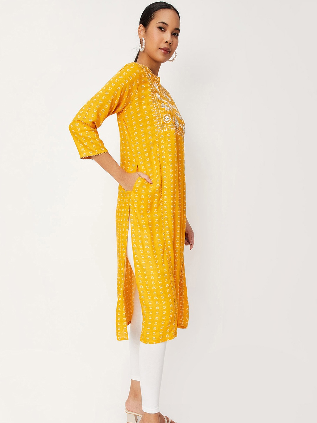 

max Floral Printed Thread Work Straight Kurta, Yellow