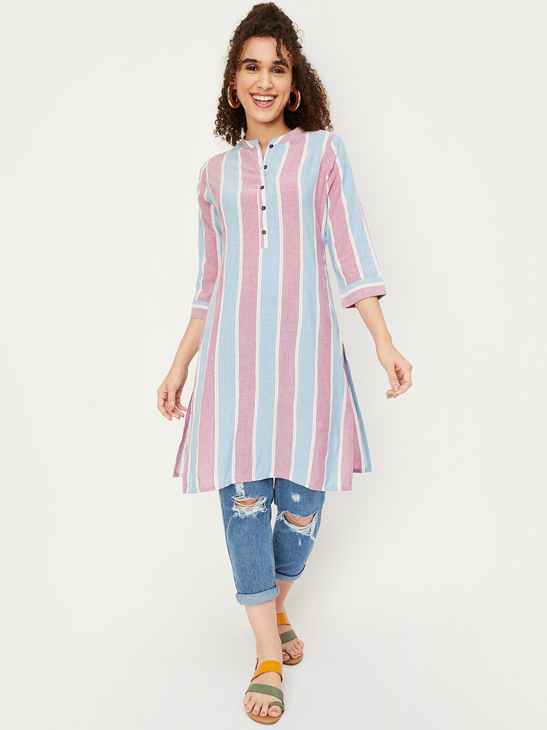 

max Striped Mandarin Collar Cotton Kurta, Pink