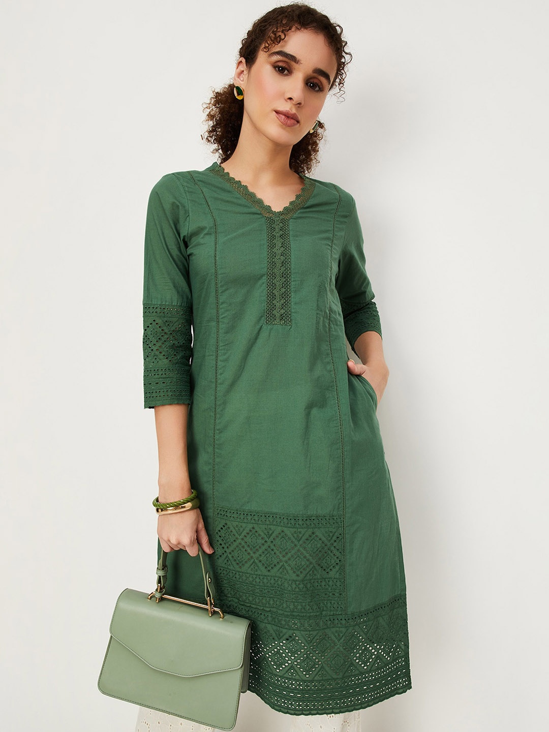 

max V-Neck Schiffli Cotton Kurta, Green