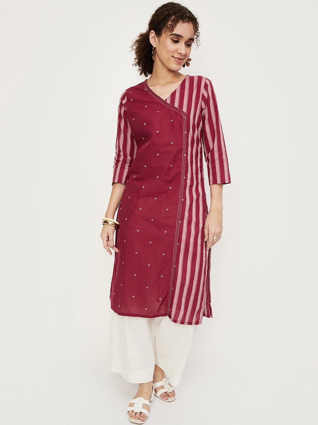 

max Striped Angrakha Cotton Kurta, Red