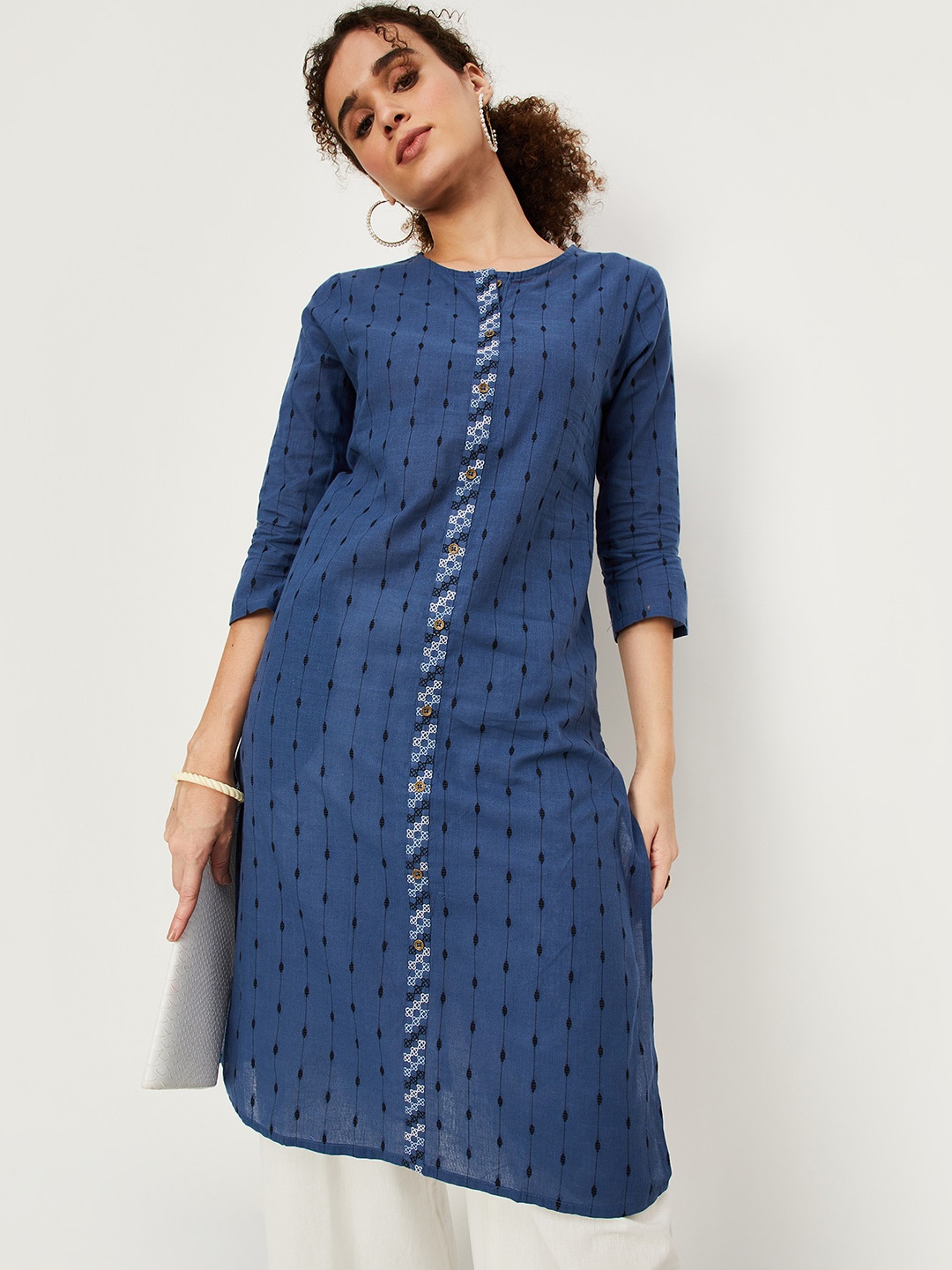 

max Abstract Woven Design Thread Work Cotton Kurta, Blue
