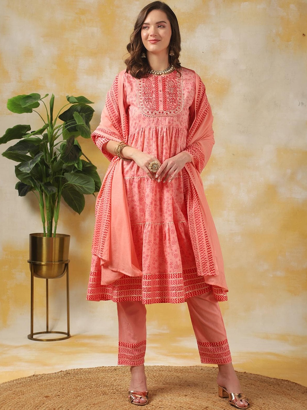 

Rangita Printed Embroidered Pure Cotton Tiered Anarkali Kurta With Trousers & Dupatta, Peach