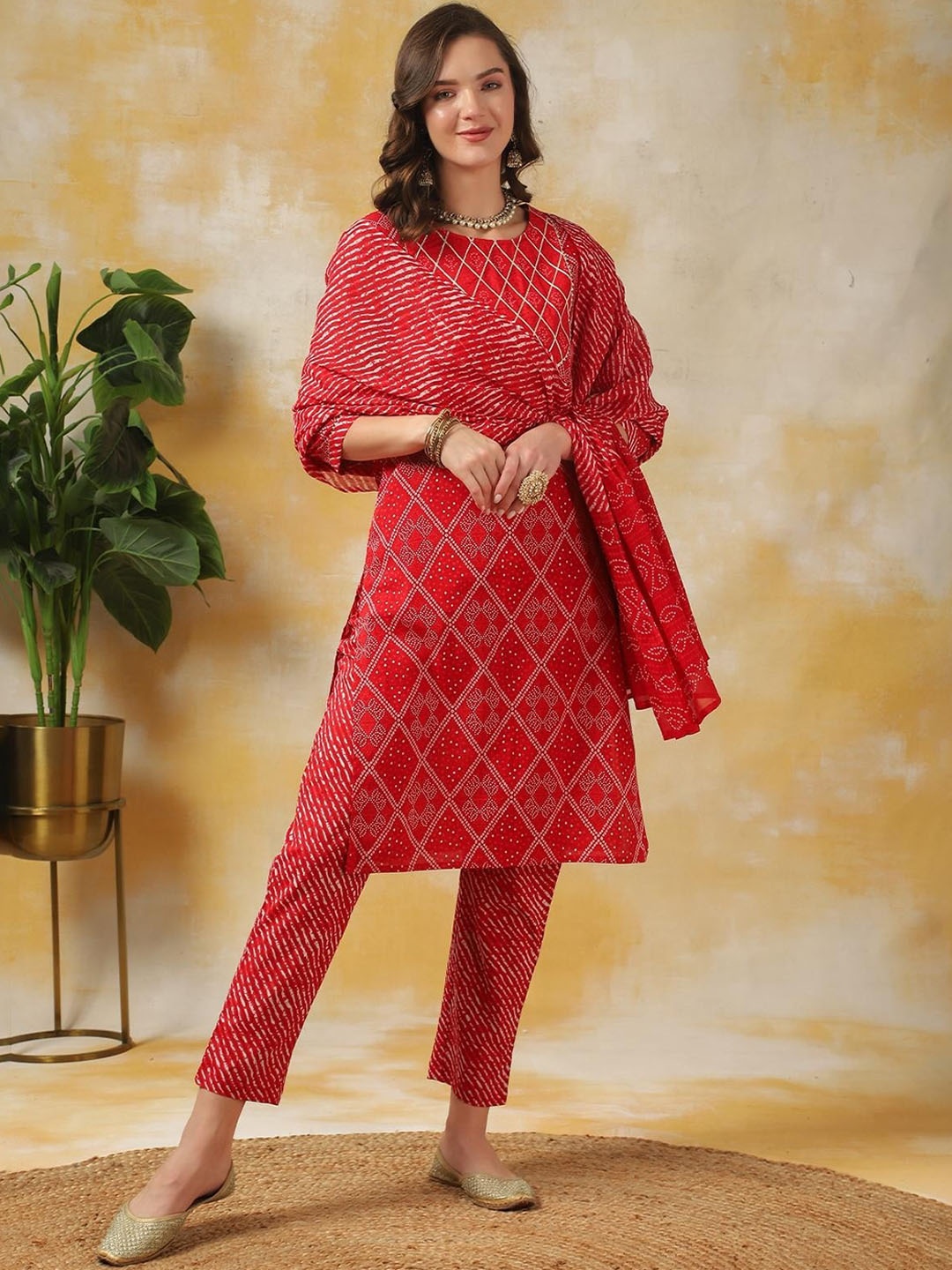 

Rangita Bandhani Printed Pure Cotton Gotta Patti Kurta With Trousers & Dupatta, Red