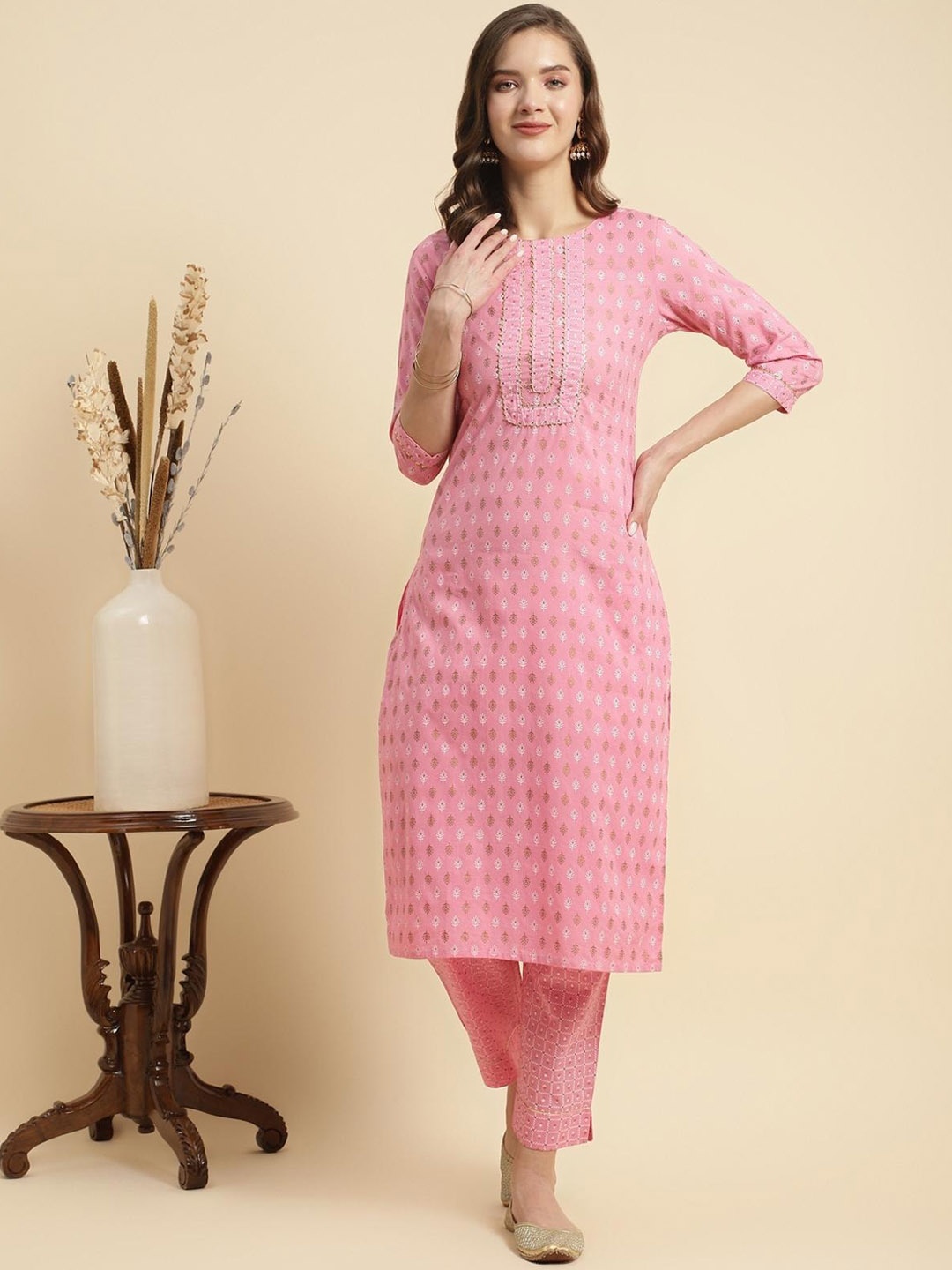 

Rangita Floral Printed Round Neck Regular Gotta Patti Pure Cotton Kurta With Trousers, Pink