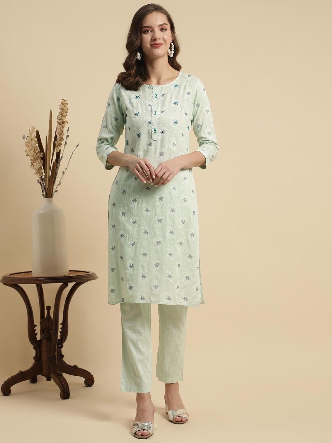 Rangita Floral Printed Embroidered Straight Kurta With Trousers, Sea green