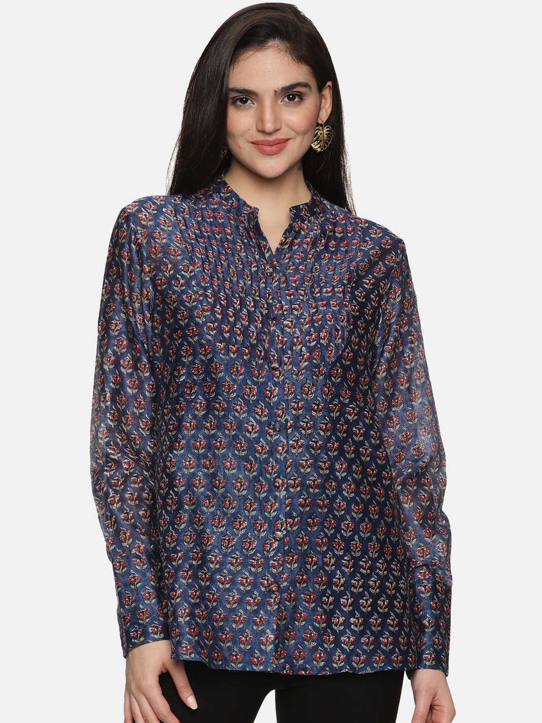 

JAIPURIBANNO Floral Printed Mandarin Collar Shirt Style Top, Blue