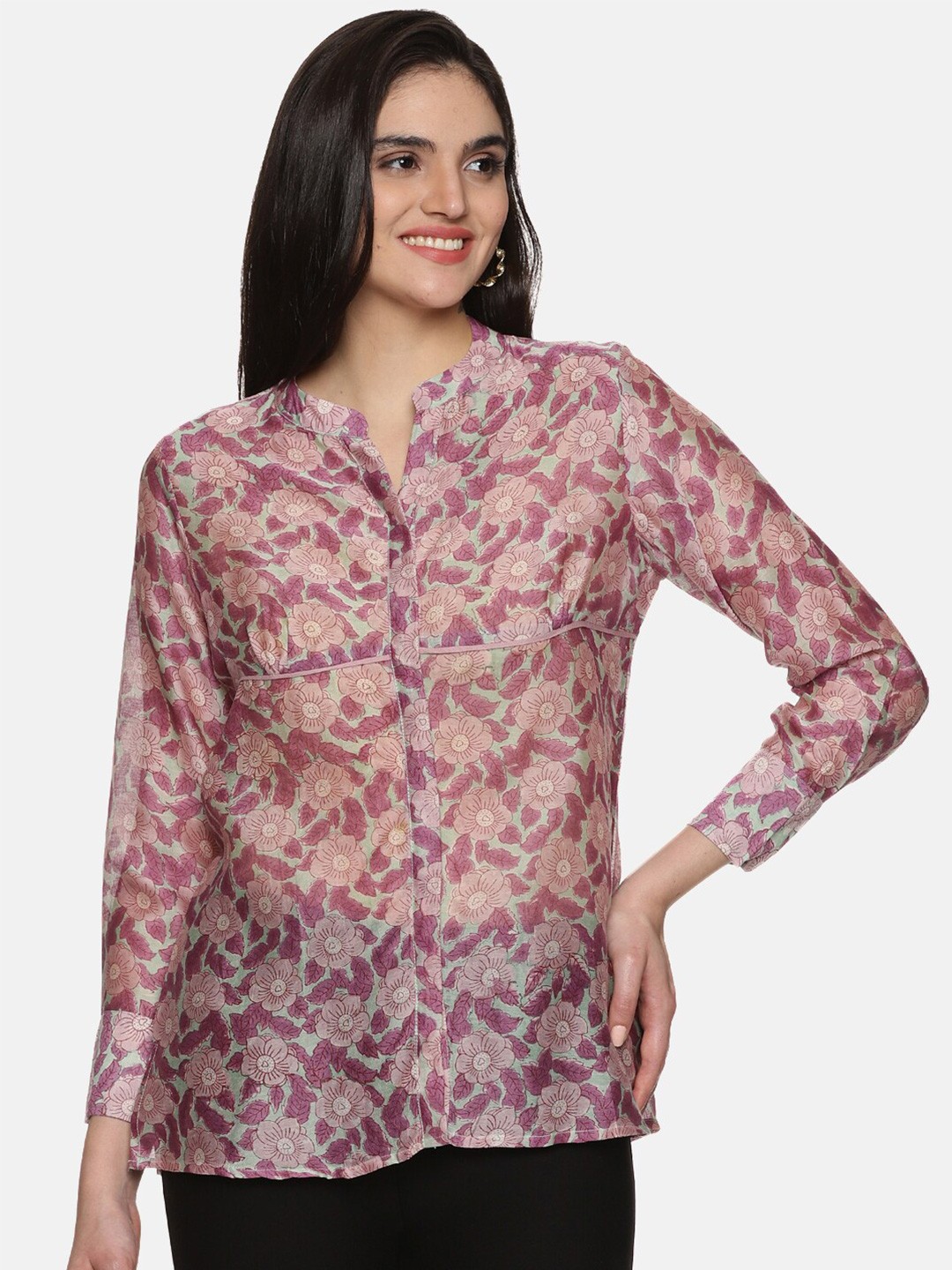 

JAIPURIBANNO Floral Printed Mandarin Collar Shirt Style Top, Purple