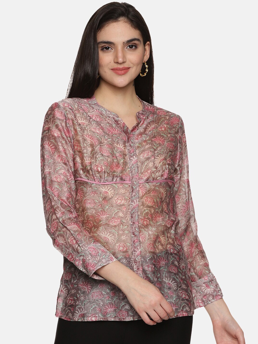 

JAIPURIBANNO Floral Printed Mandarin Collar Shirt Style Top, Pink