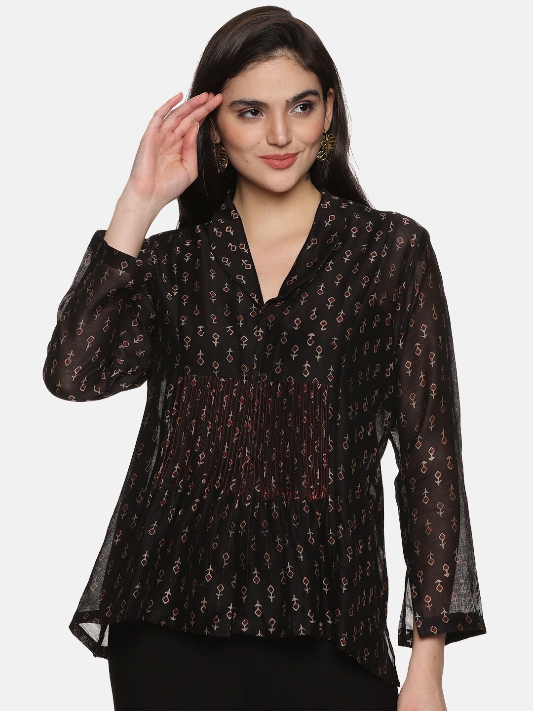 

JAIPURIBANNO Ethnic Motifs Printed Semi Sheer Top, Black