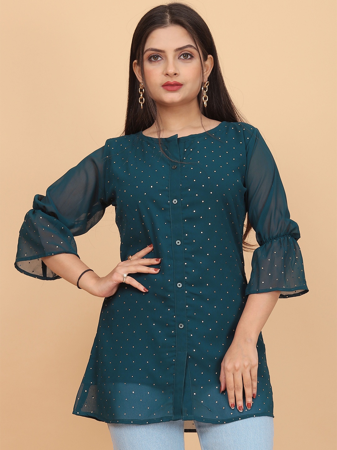 

PRASTHAN Embellished Bell Sleeves Tunic, Green