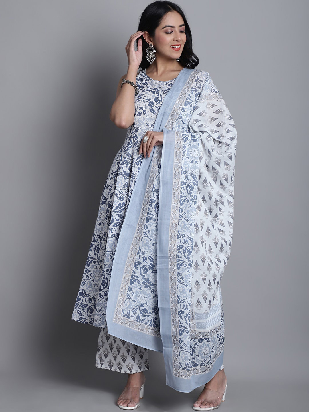 

KALINI Floral Printed Empire Pure Cotton Kurta With Palazzos & Dupatta, White