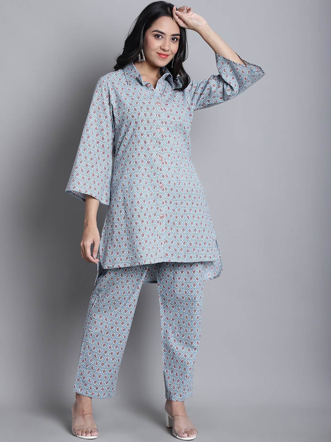 

KALINI Floral Printed High-Low A-Line Pure Cotton Kurti With Trousers, Blue