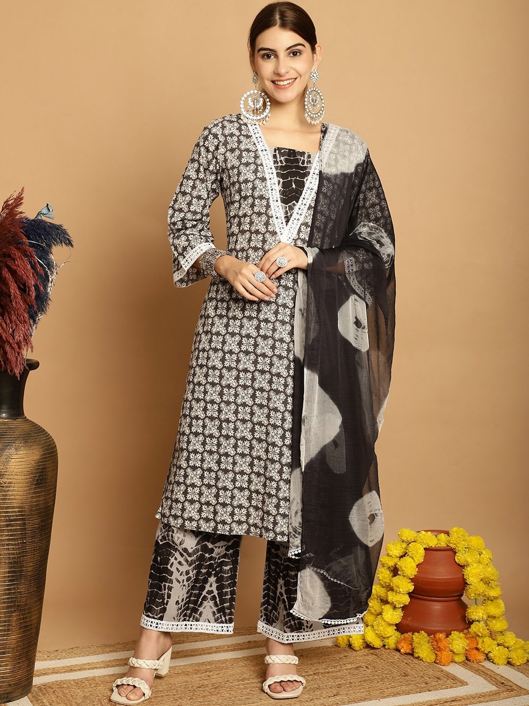 

KALINI Ethnic Printed Lace Detail Sequinned Pure Cotton Kurta with Palazzos & Dupatta, Black