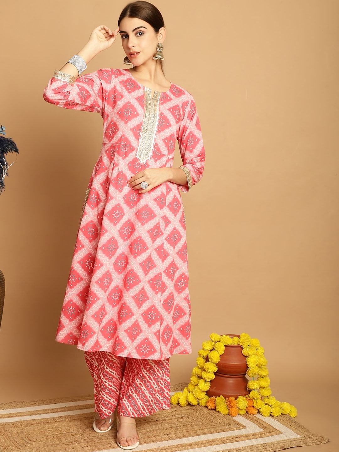 

KALINI Ethnic Motifs Printed Empire Gotta Patti Pure Cotton Kurta with Palazzos & Dupatta, Peach