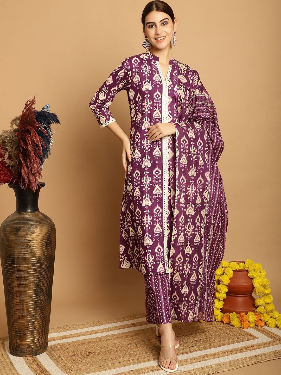 

KALINI Ethnic Motifs Printed Angrakha Sequinned Pure Cotton Kurta with Palazzos & Dupatta, Purple