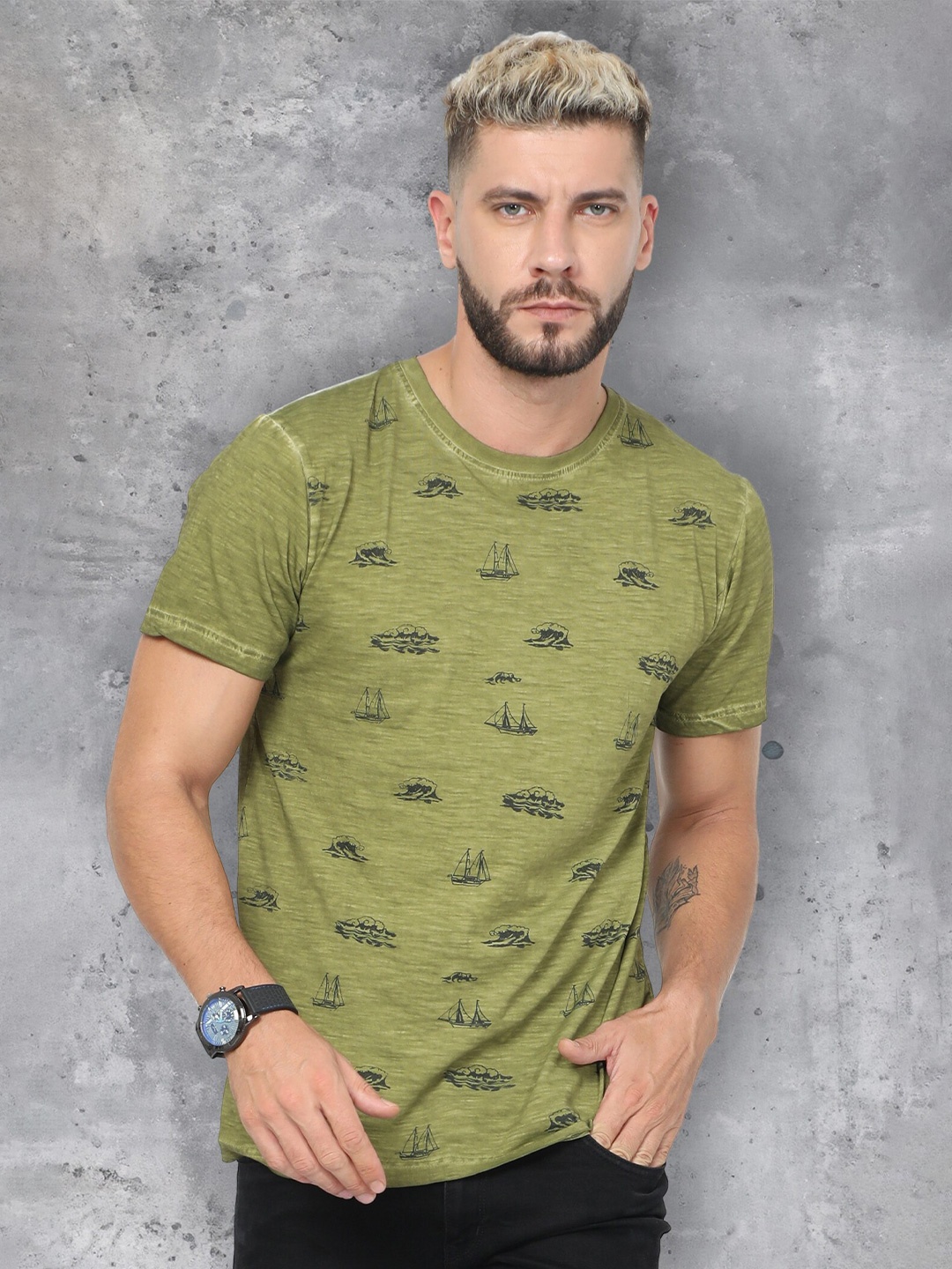 

fanideaz Biker Printed T-shirt, Olive