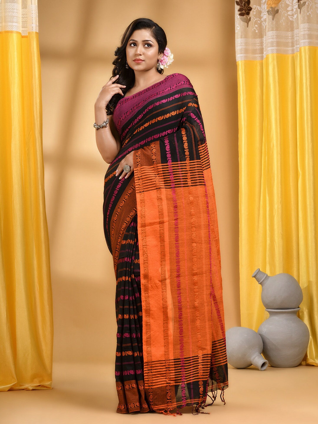 

DESH BIDESH Ethnic Motifs Woven Design Pure Cotton Khadi Saree, Black