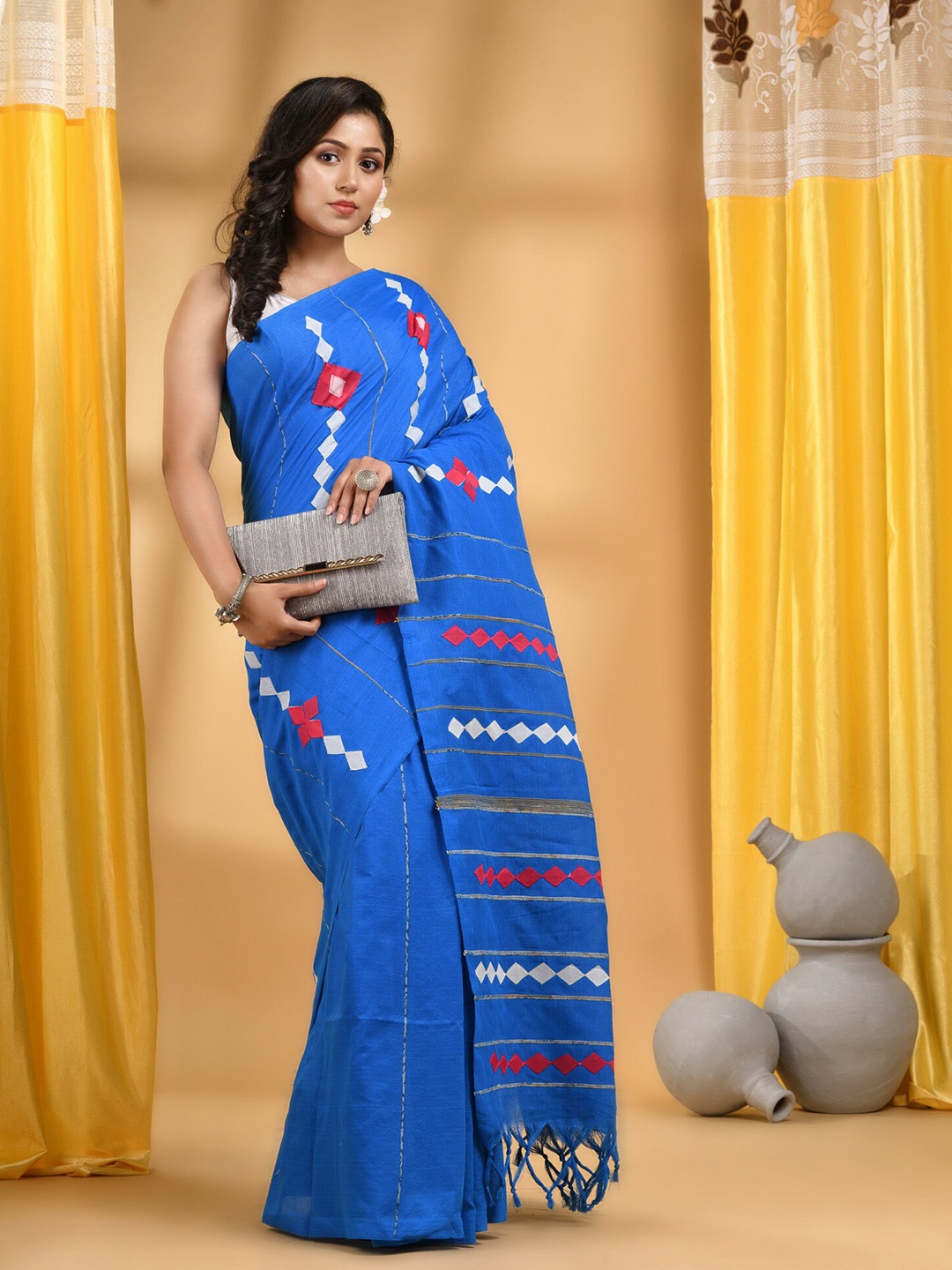 

DESH BIDESH Geometric Woven Design Pure Cotton Taant Saree, Blue