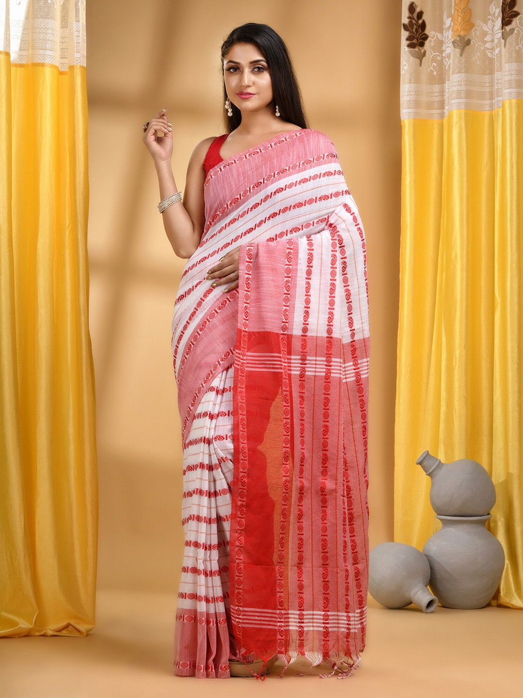 

DESH BIDESH Ethnic Motifs Woven Design Pure Cotton Khadi Saree, White