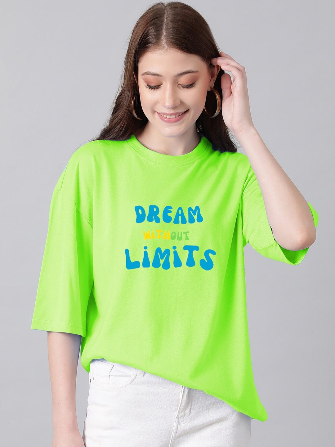 

Kotty Lime Green & Blue Typography Printed Drop Shoulder Sleeves Oversized Casual T-Shirt